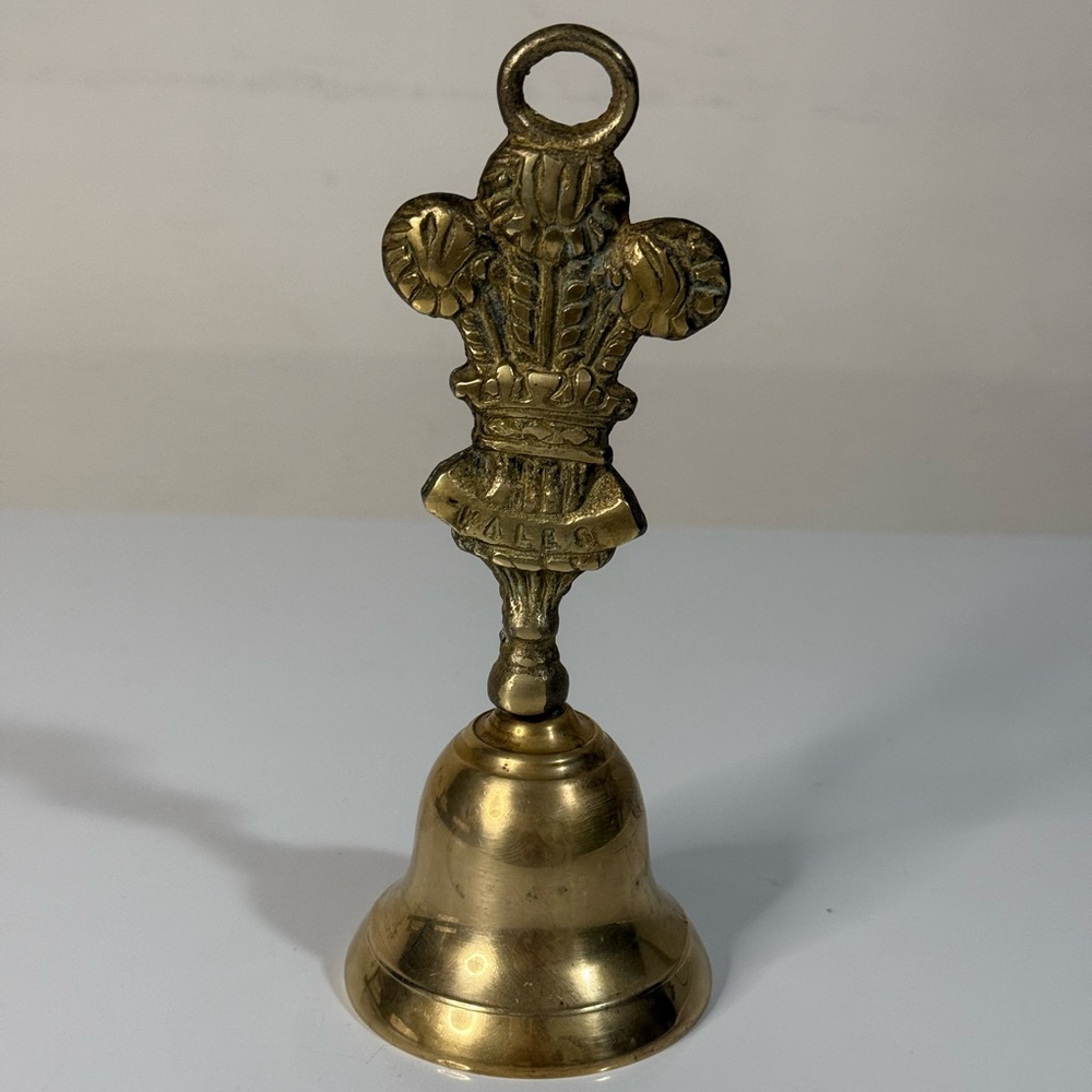 Vintage solid brass hand bell Prince of Wales's feathers and the word WALES